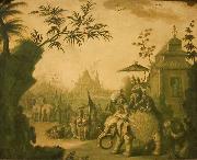 Jean-Baptiste Pillement A Chinoiserie Procession of Figures Riding on Elephants with Temples Beyond oil painting